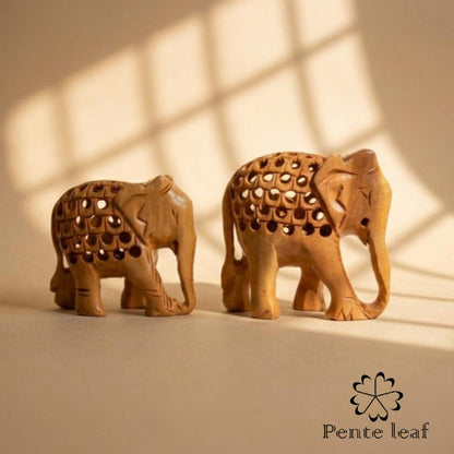 The Bodhi Quintet : Hand-carved Wooden Mini Elephant Family (trunk down) | Wooden Handicraft