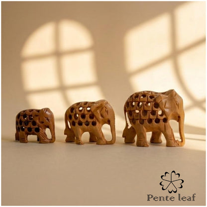 The Bodhi Quintet : Hand-carved Wooden Mini Elephant Family (trunk down) | Wooden Handicraft