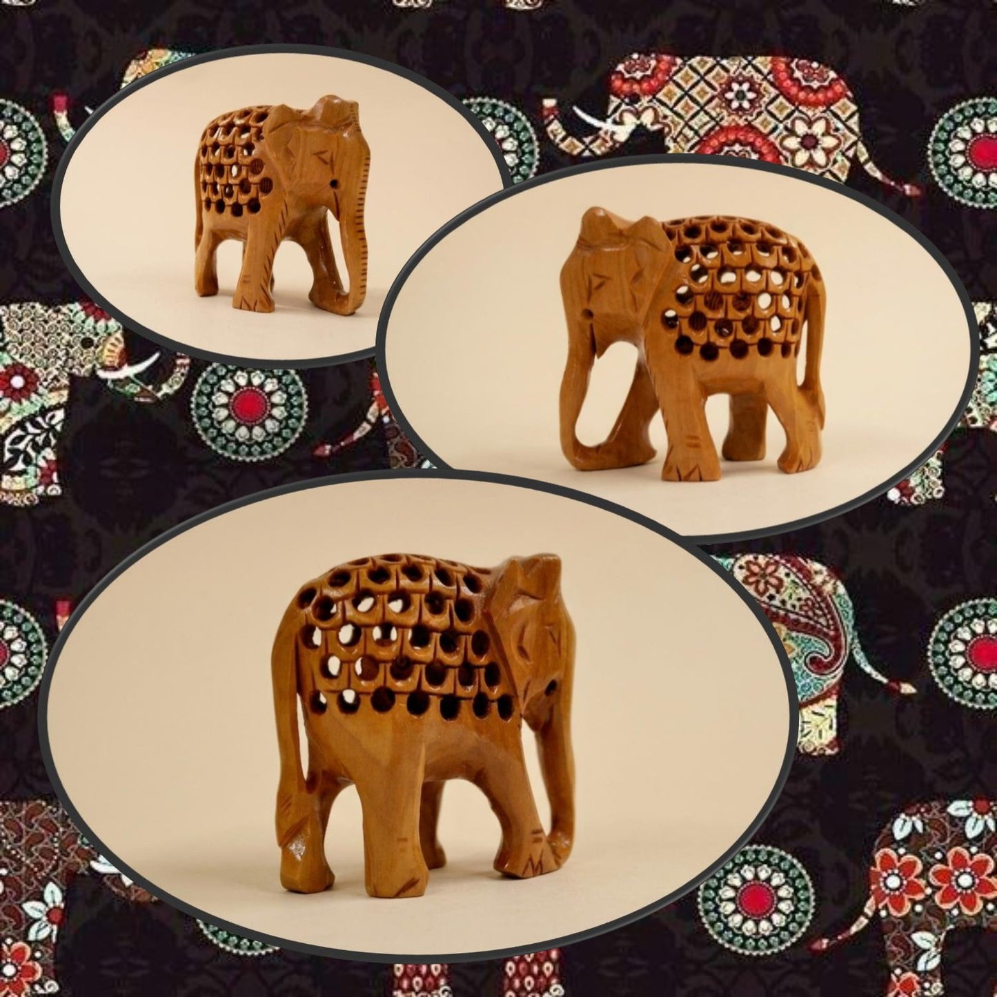 The Bodhi Quintet : Hand-carved Wooden Mini Elephant Family (trunk down) | Wooden Handicraft