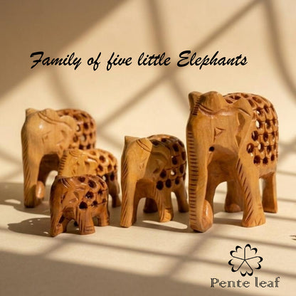The Bodhi Quintet : Hand-carved Wooden Mini Elephant Family (trunk down) | Wooden Handicraft