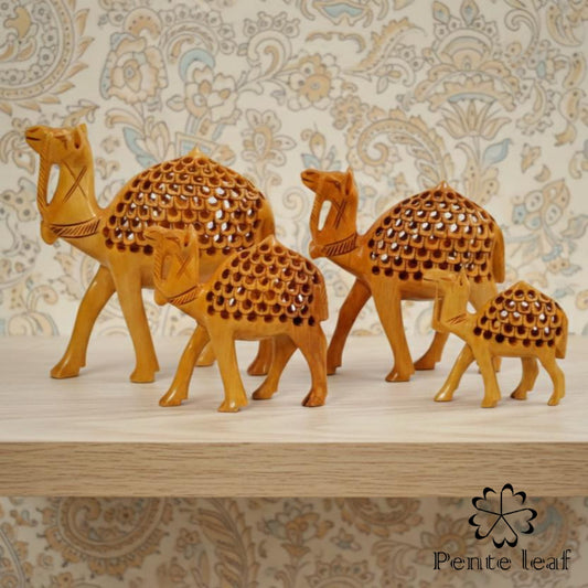 The Desert Caravan : Hand-carved Wooden Camel Family | Wooden Handicraft