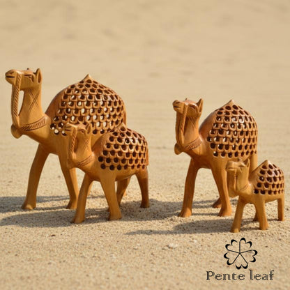 The Desert Caravan : Hand-carved Wooden Camel Family | Wooden Handicraft