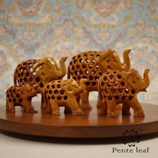 The Vatsalya Quintet : Hand-carved Wooden Elephant Family (trunk up) | Wooden Handicraft