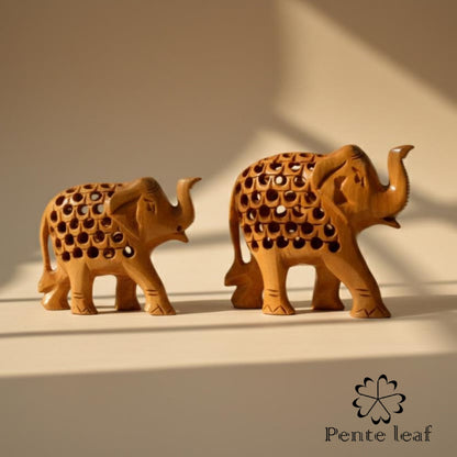 The Vatsalya Quintet : Hand-carved Wooden Elephant Family (trunk up) | Wooden Handicraft