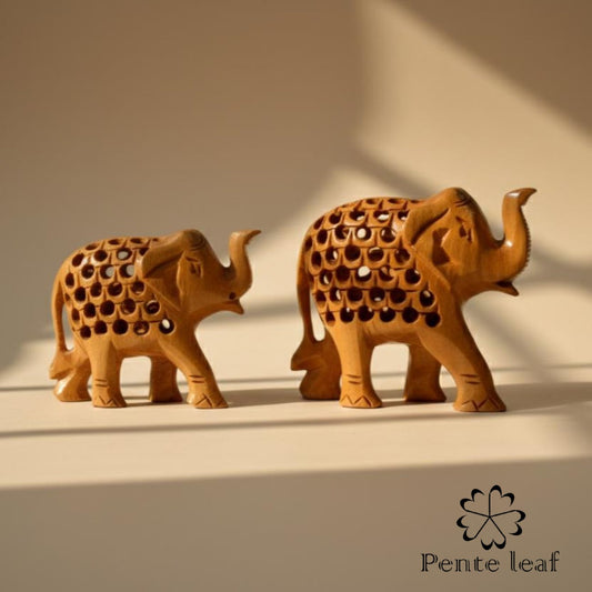 The Vatsalya Quintet : Hand-carved Wooden Elephant Family (trunk up) | Wooden Handicraft