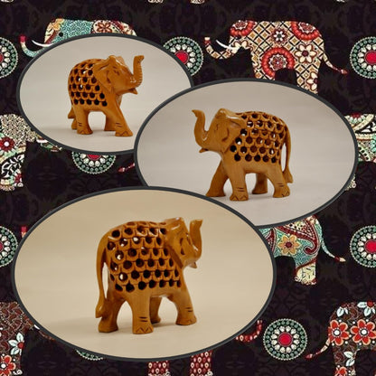 The Vatsalya Quintet : Hand-carved Wooden Elephant Family (trunk up) | Wooden Handicraft