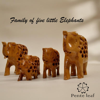 The Vatsalya Quintet : Hand-carved Wooden Elephant Family (trunk up) | Wooden Handicraft